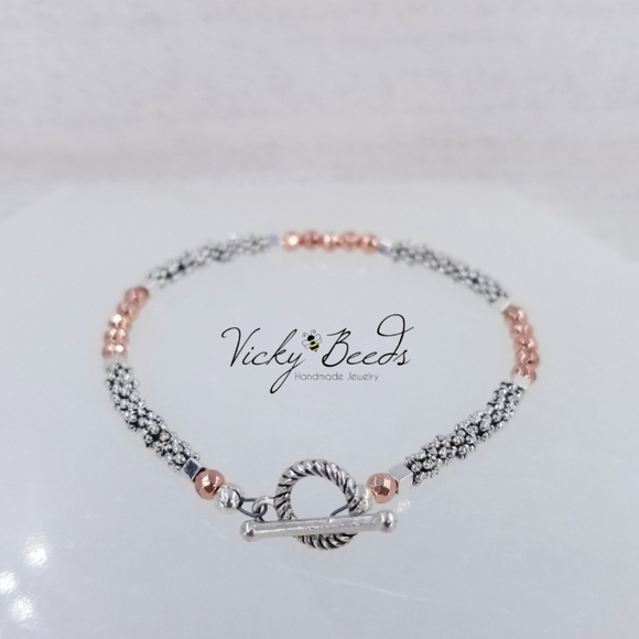 Ladies Two Tone Beaded Gemstone Toggle Bracelet - Picture 7 of 8